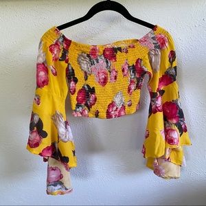 Yellow floral bell sleeve crop top